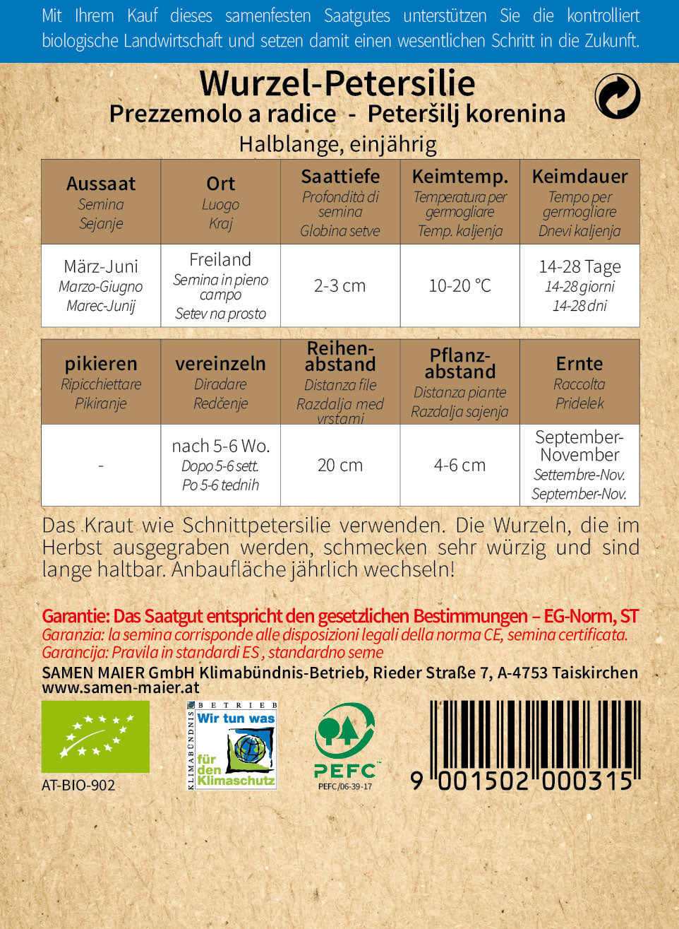 BIO Wurzel-Petersilie Halblange Einjährig