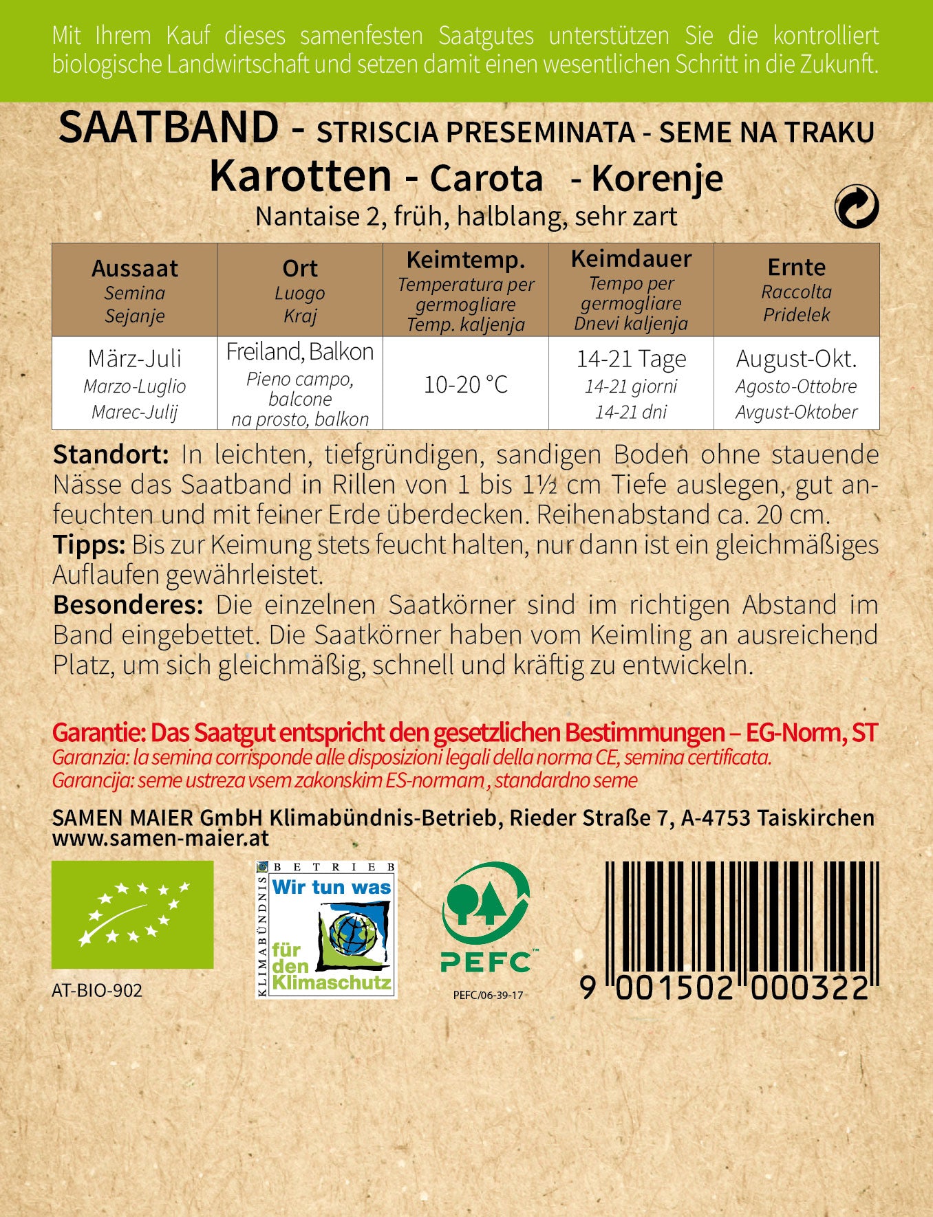 BIO Möhre Nantaise 2 Früh Saatband