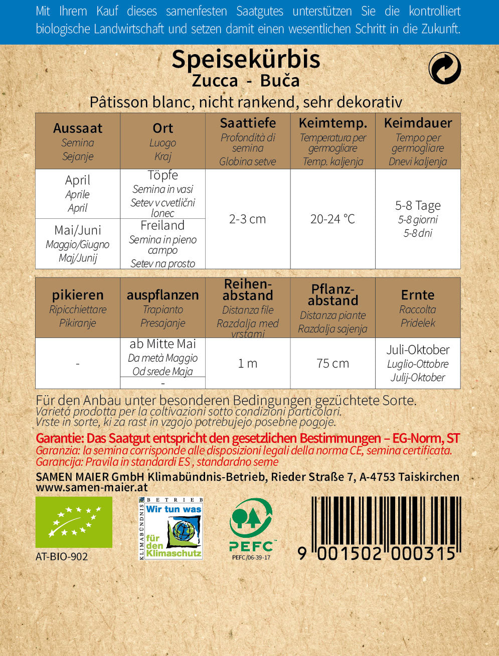 BIO Speisekürbis Patisson Blanc