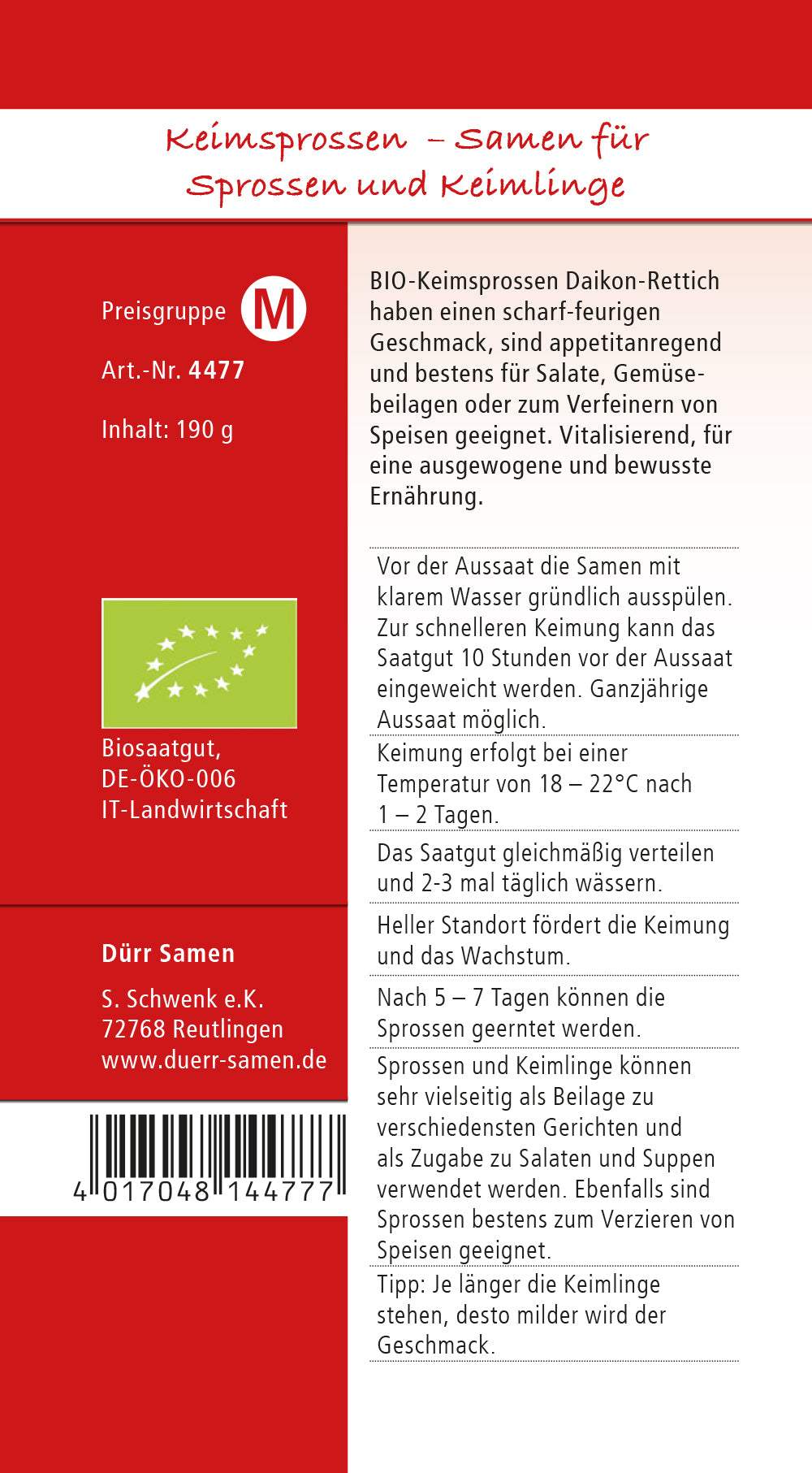 BIO Keimsprossen Daikon-Rettich (190 G)