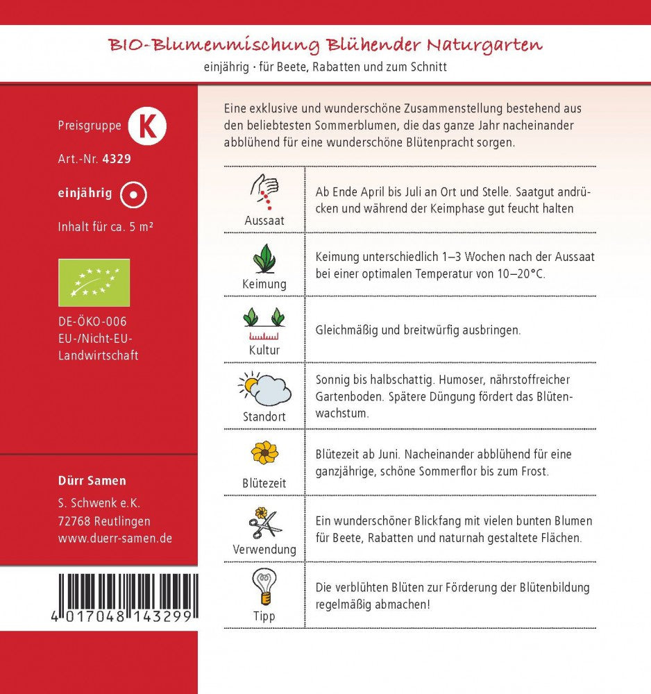  Bio-Blumenmischung Blühender Naturgarten 5m² [MHD 12/2024]