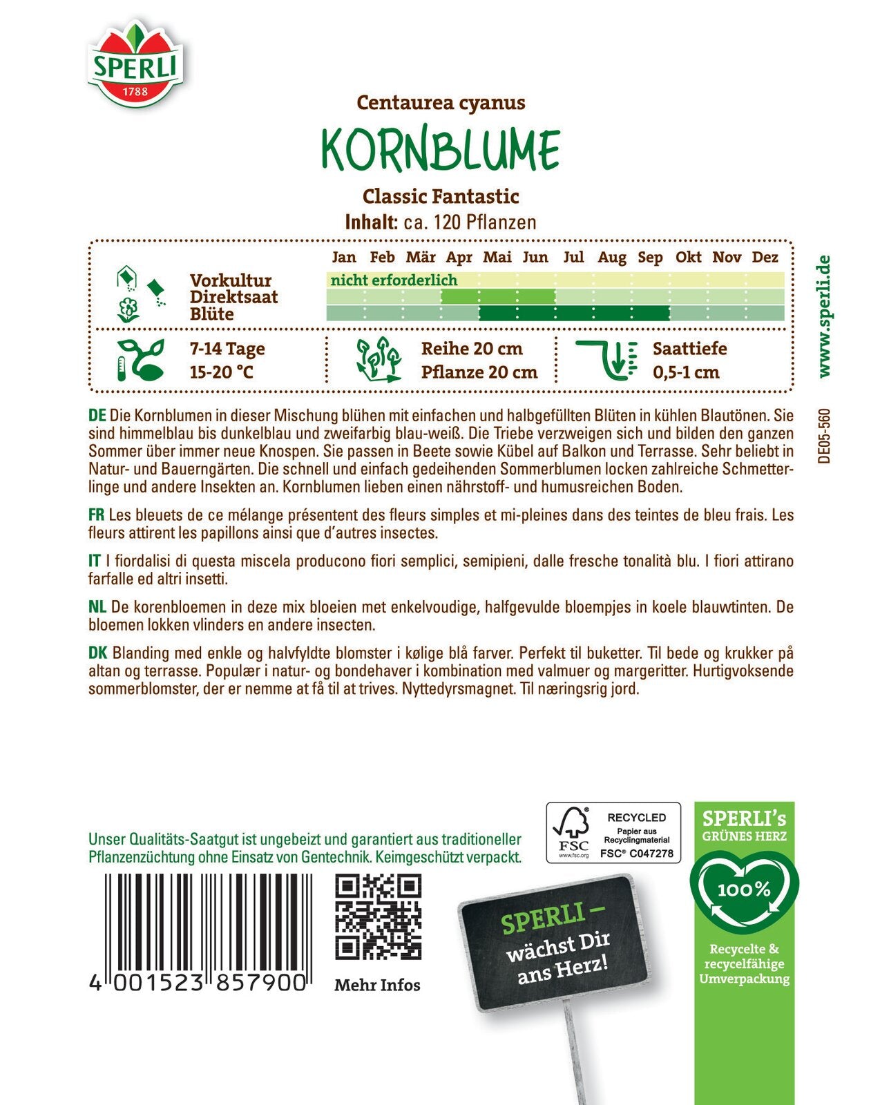  Kornblumen Classic Fantastic Von Sperli-Samen [MHD 01/2026]