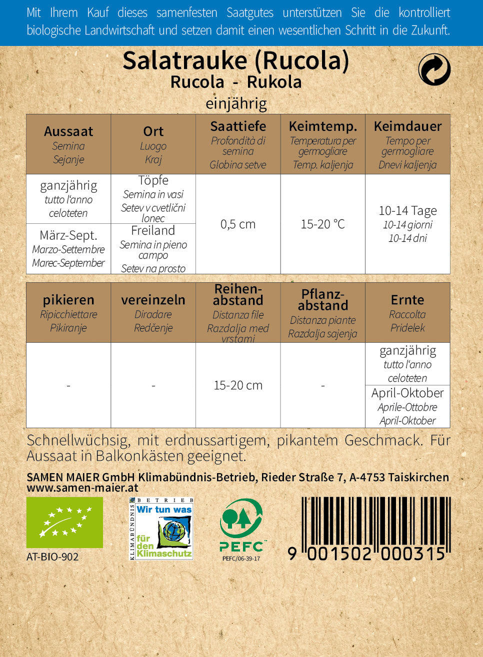  BIO Salatrauke (Rucola) Einjährig [MHD 12/2025]