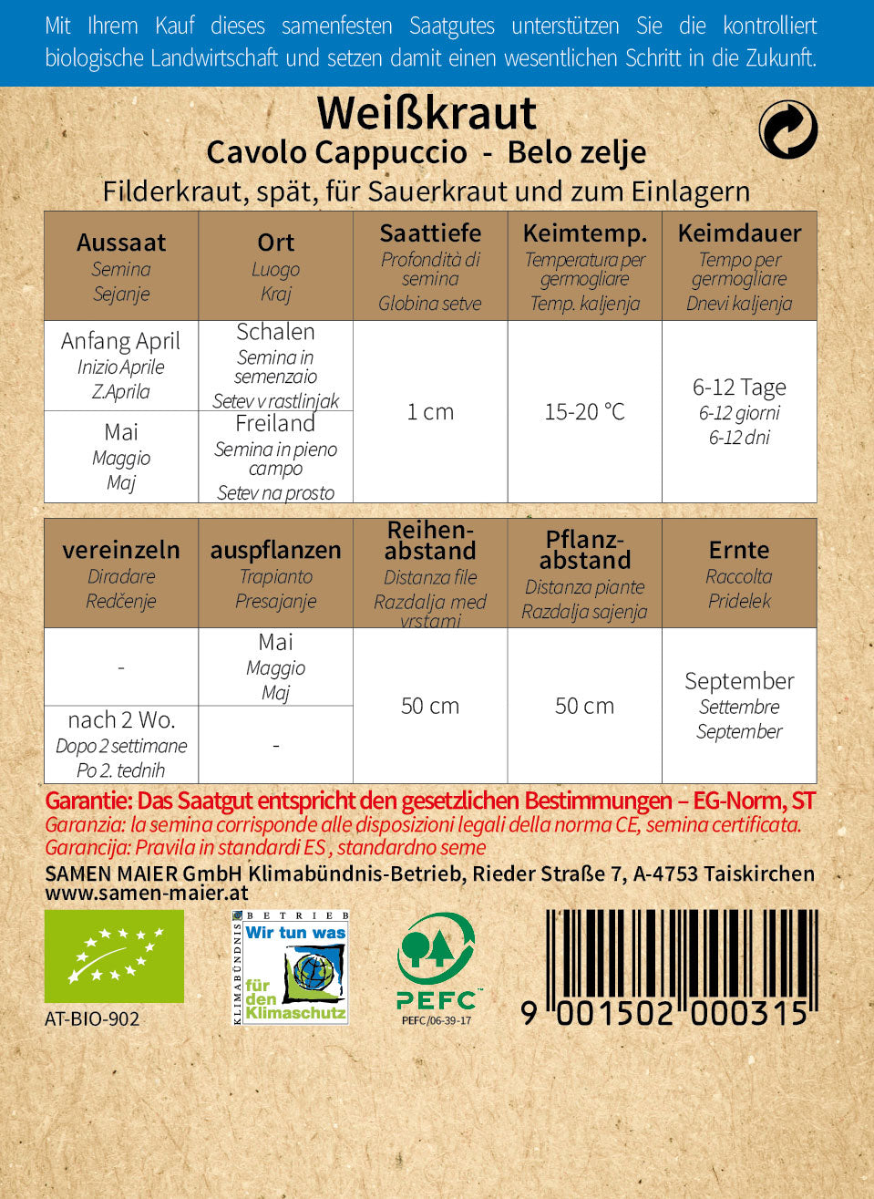  BIO Weißkraut Spitz-Filderkraut Spät