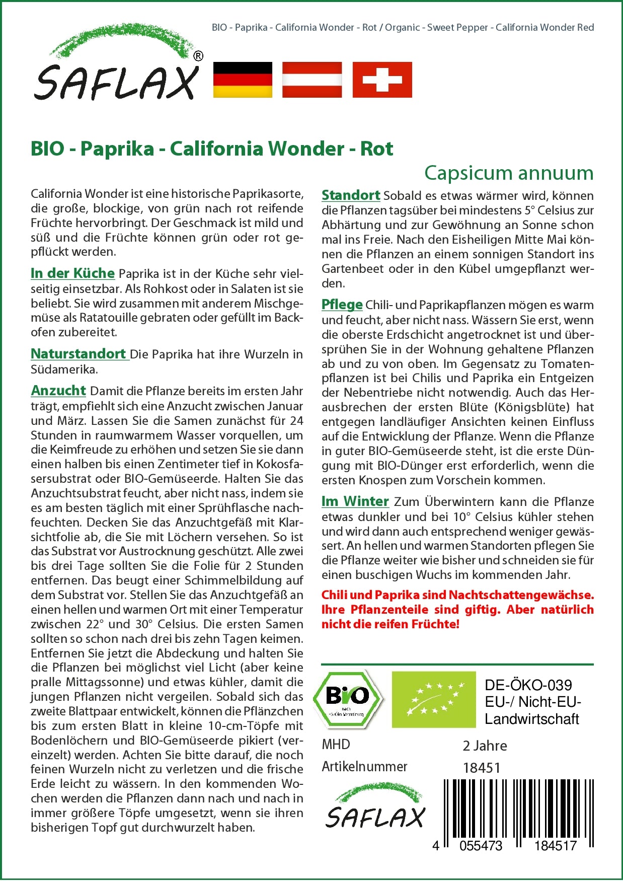 BIO Paprika California Wonder Rot