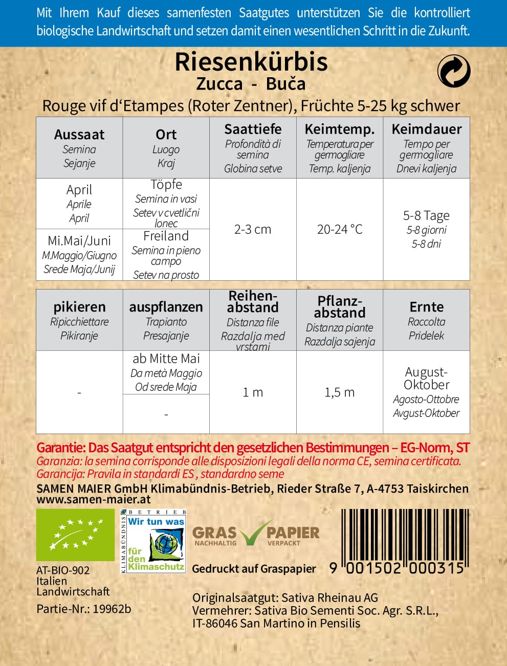  BIO Riesenkürbis Rouge Vif D'Etampes (Roter Zentner)