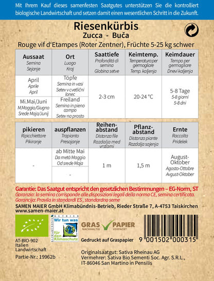  BIO Riesenkürbis Rouge Vif D'Etampes (Roter Zentner)