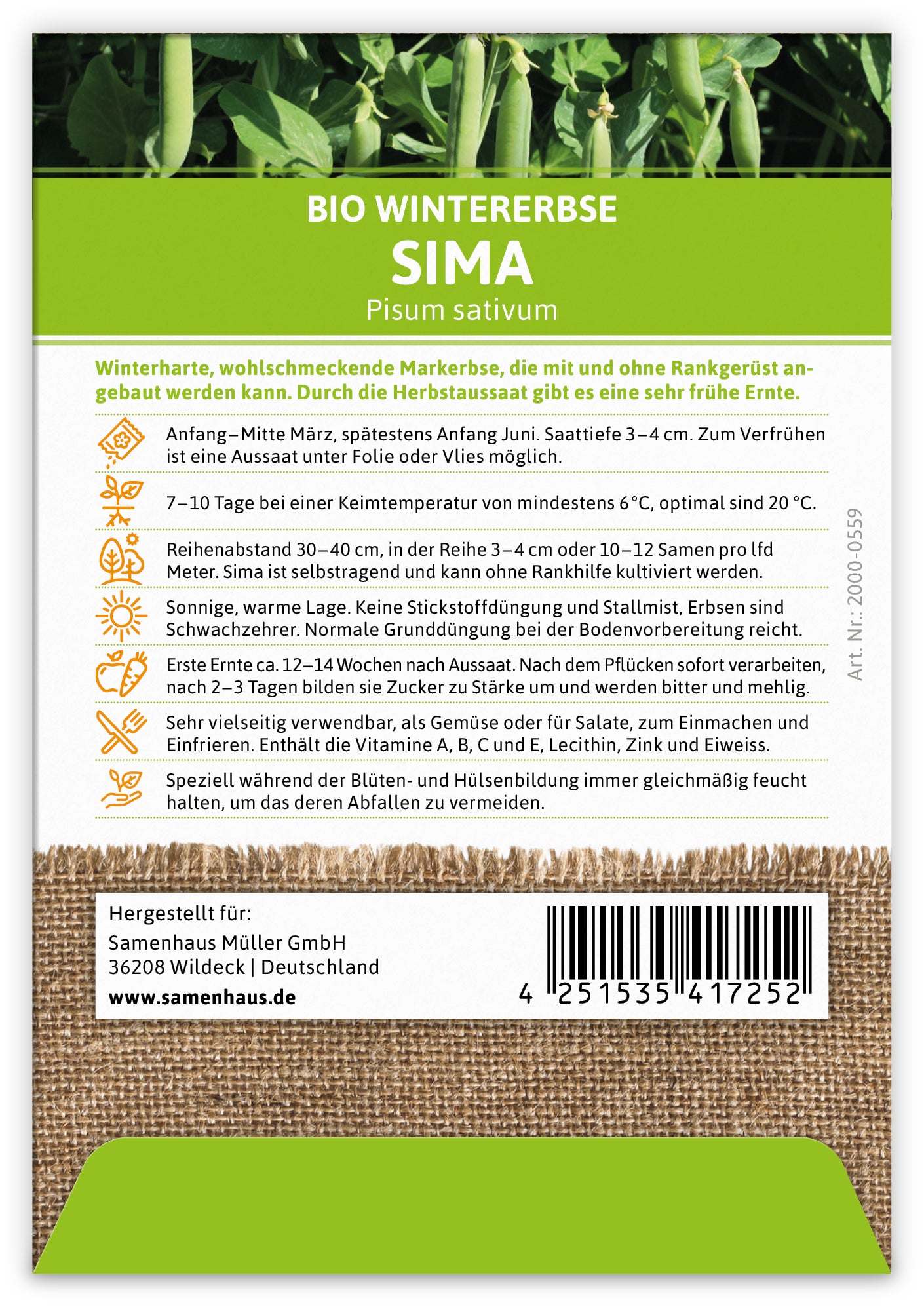 BIO Wintererbse Sima (100 Tütchen)